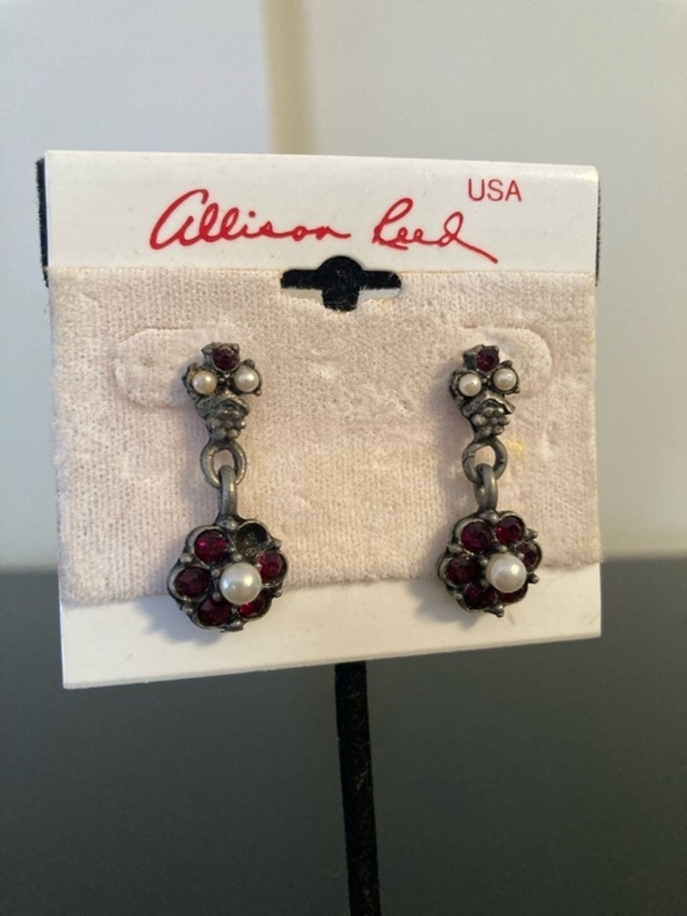Garnet and Pearl Drop Earrings - Silver Tone